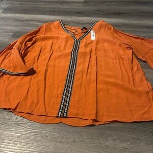 New Directions Vibrant Orange Blouse with Black Accents